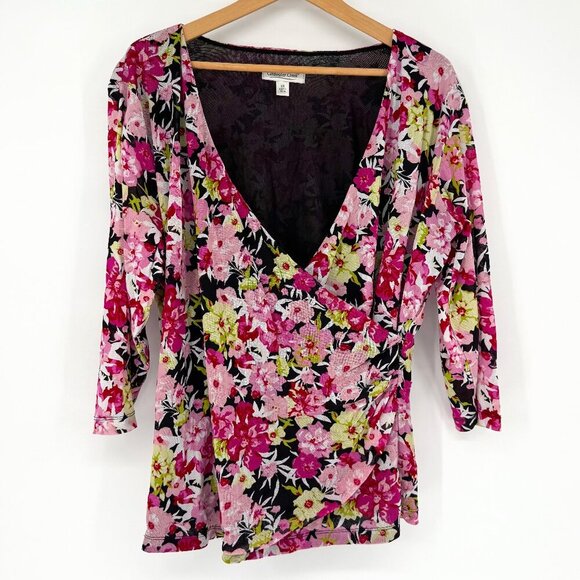 Coldwater Creek Womens Floral Wrap Top‎ Size 2X Deep V Quarter Legnth Sleeves - Picture 1 of 7